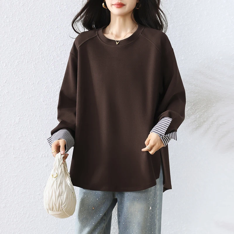 

Полосатые лоскутные кофейные пуловеры, женские свободные повседневные толстовки с длинными рукавами большого размера, женские осенне-зимние топы, джемпер, новинка 2023 г.