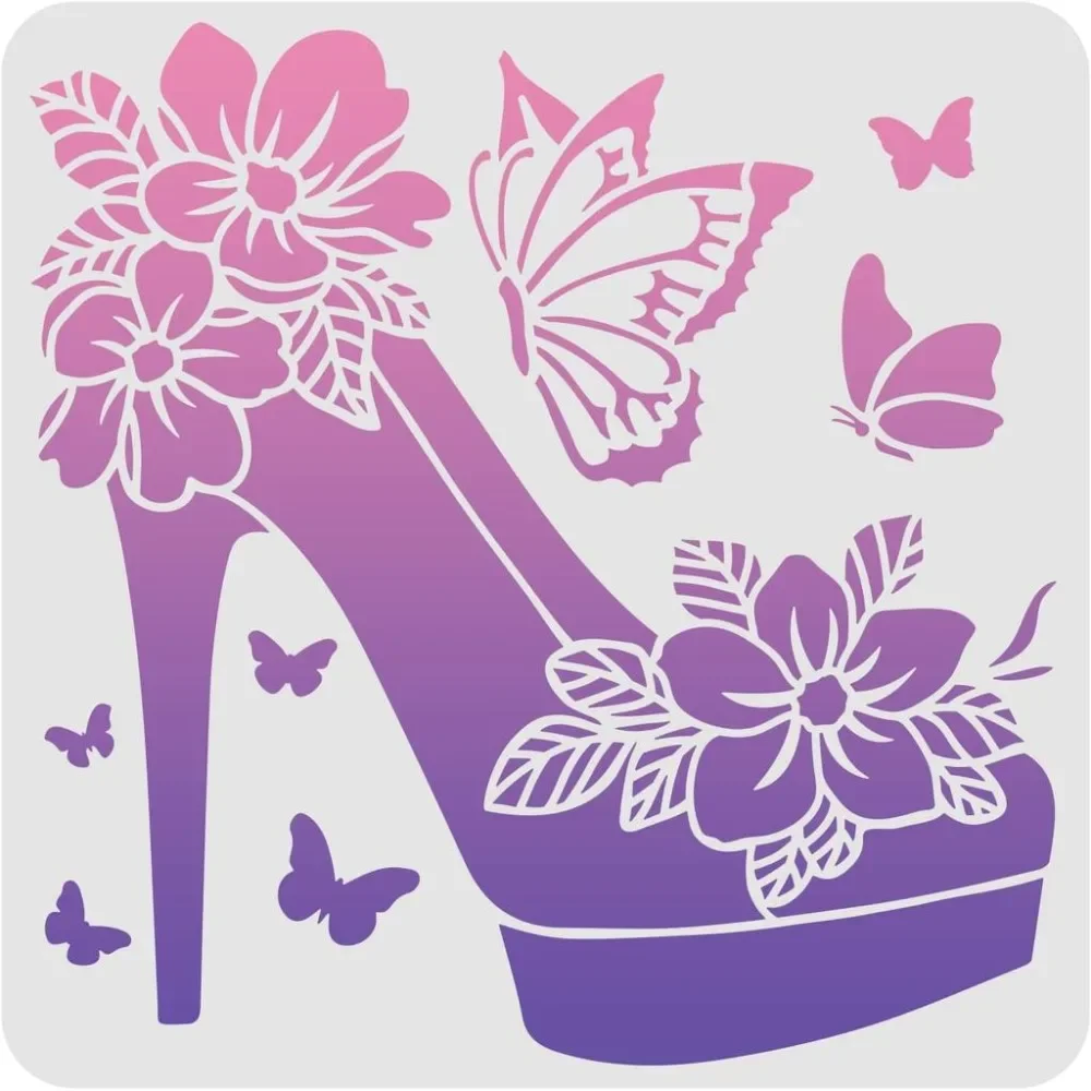 Flower High Heel Shoe Template Stencil 11.8x11.8inch Butterfly Reusable Stencils for Painting Wall Art DIY at Home for Decor