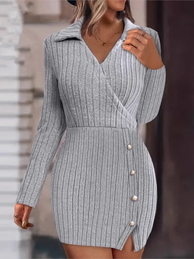 Autumn Winter New Solid Color V-neck Knitted Mini Dress Women's Button Tight Fitting Hip Hugging Slim Sexy Long Sleeved Dresses