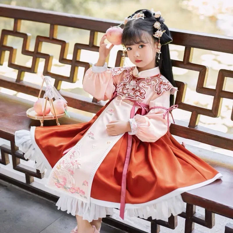 

Baby Girls Dress Chinese Style Peach Flower Embroidery Ruffled Hanfu Dresses Children Princess Dress Birthday Gift Regular/Thick