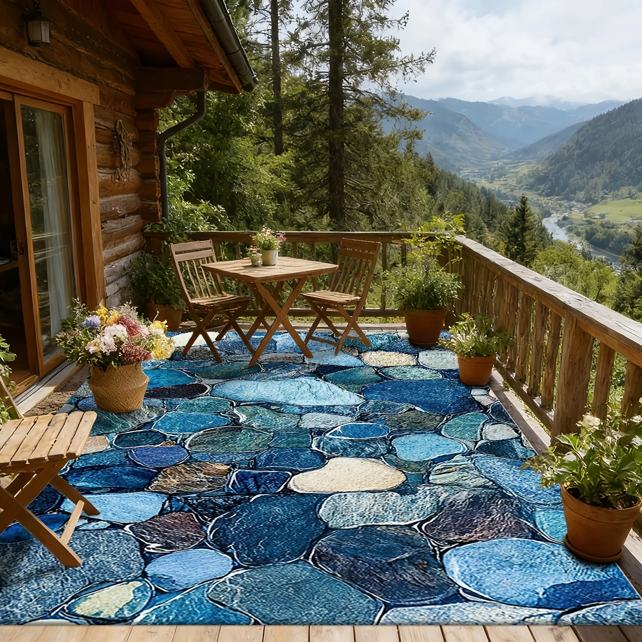 Mediterranean Blue Cobblestone Print Outdoor Decor Rug, Foldable Portable Non‑Slip Floor Mat for Patio, Garden, Poolside, Beach