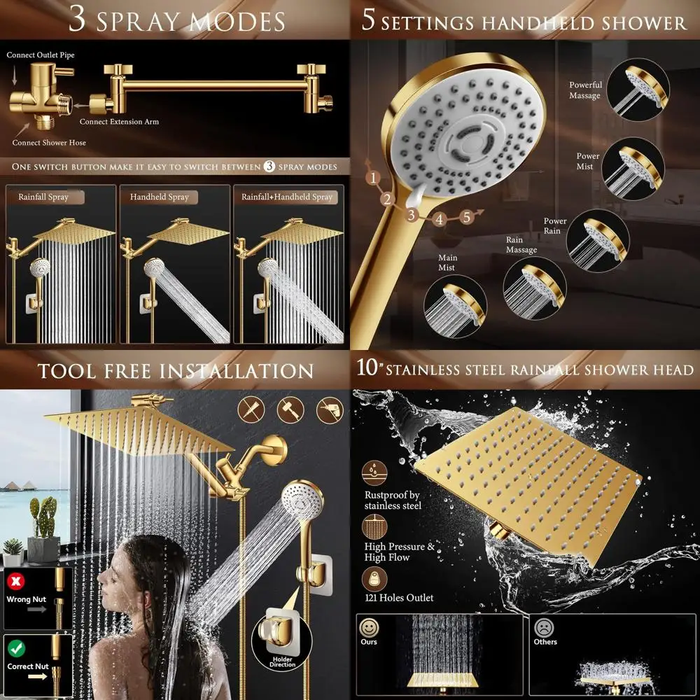 

Gold 11 Adjustable Shower Head Combo with Handheld, 5 Sprays, 60 Hose, 10 Extension Arm