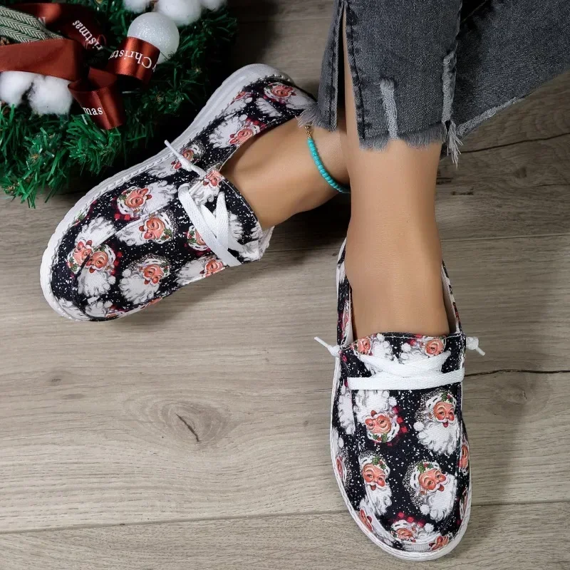 Christmas Sneakers Woman Lonely Canvas Shoes  Autumn Santa Claus Print Fashion Breathable Casual Flat Shoes New Year Gifts