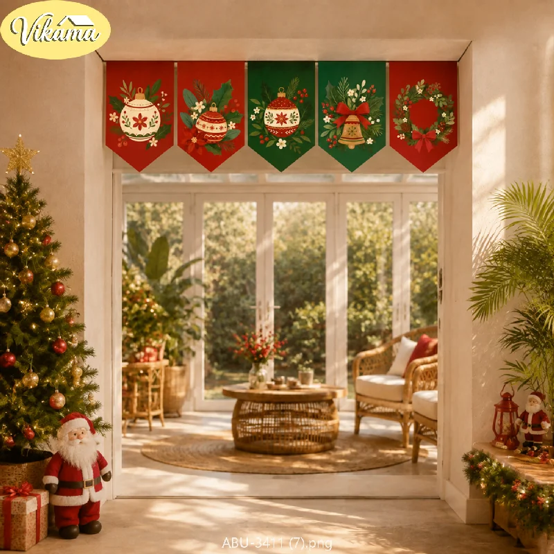 VIKAMA Christmas Nordic Folk Pennant Banner Snowman Merry Xmas Tree Reindeer Bell Beige Red Green Door Hanging Bedroom Living