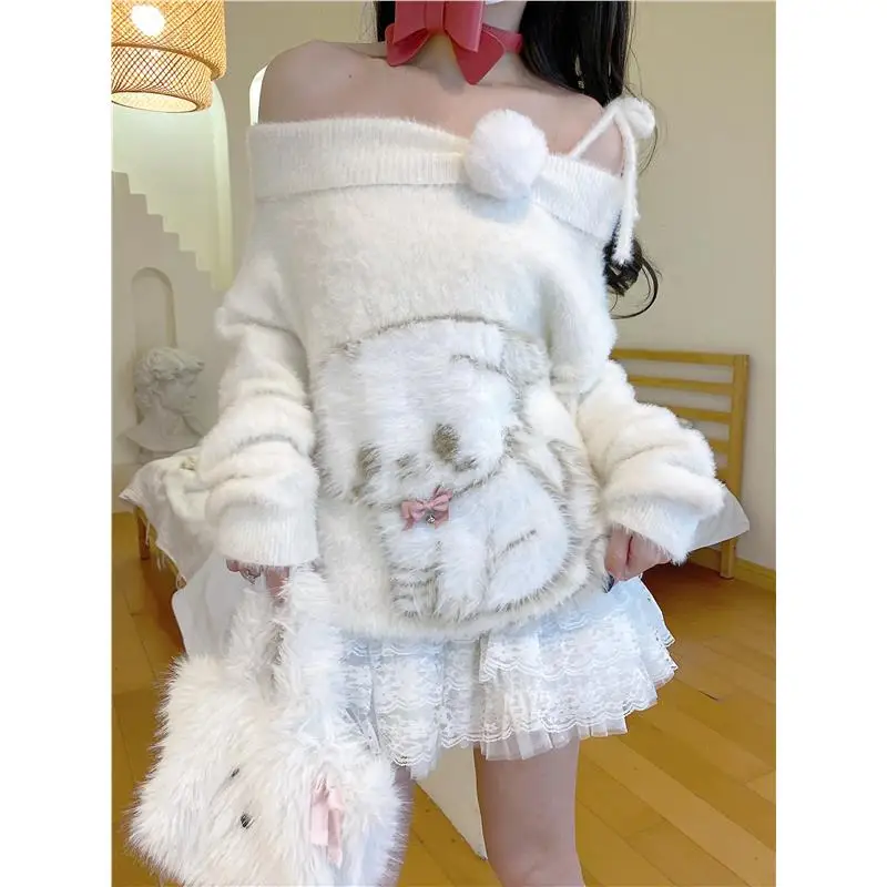 Women White Pullover Knitted Sweater Harajuku Aesthetic Y2k Large Size Long Sleeves Sweaters Fashion Vintage 2000s Clothes 2024