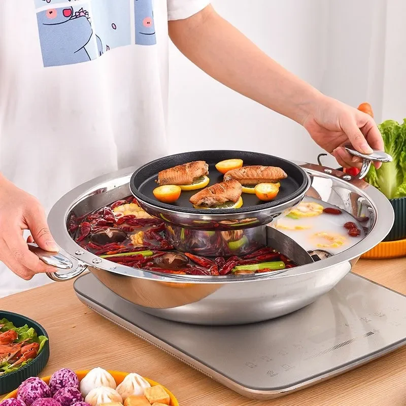 Three-layer steel 304 stainless steel shabu-roast integrated pot, barbecue, shabu, hot pot, mandarin duck commercial electric