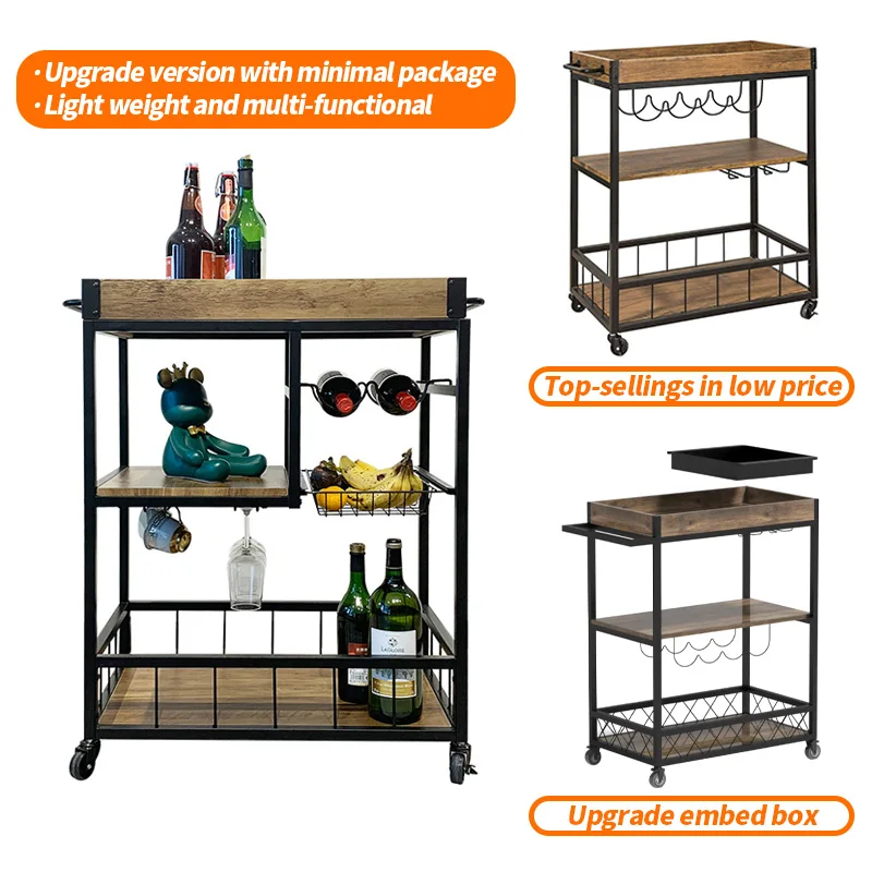 Rolling Serving Bar Truck, Industrial Vintage Style Storage Trolley With Lockable Wheels & Removable Tray