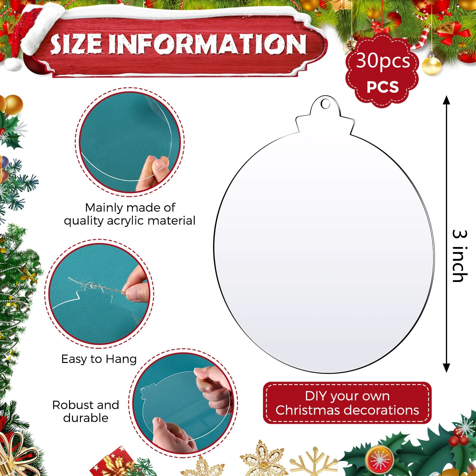 30pcs 3inch Clear Acrylic Christmas Ornaments Round Acrylic Blanks Discs Keychain Ornament With Red Ribbon For DIY Decoration