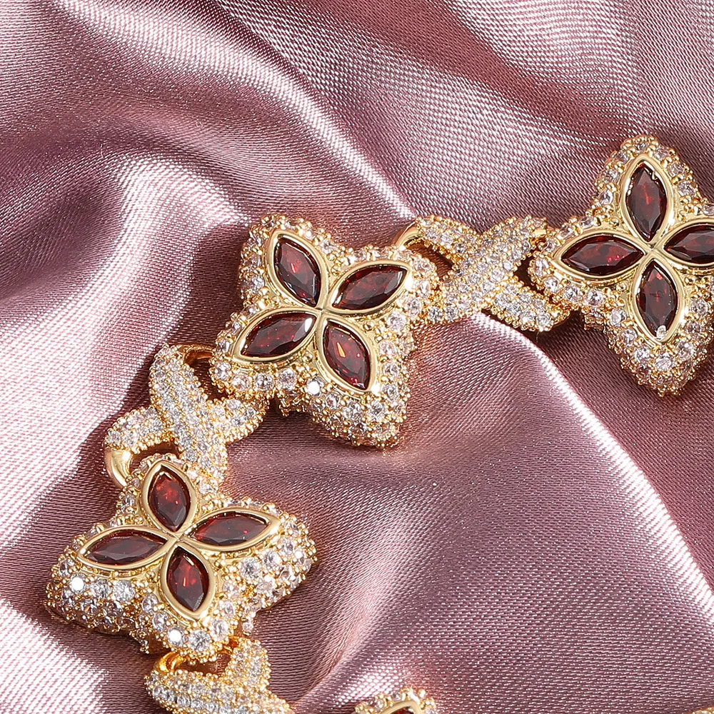 Precious Red Cubic Zirconia Möbius Four-leaf Clover Bracelet 5A+ CZ Stones Luxury Gift For Women Girl Hiphop Jewelry Wrist Chain