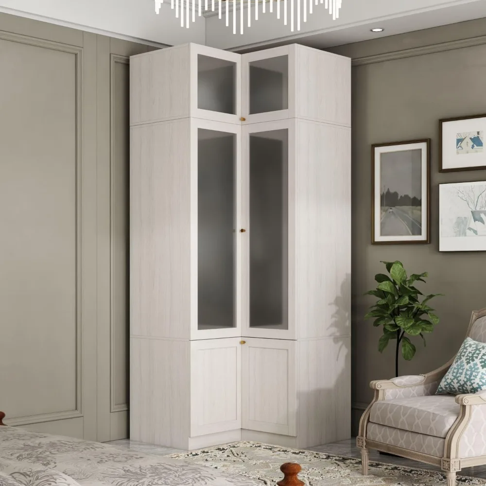 Wardrobe with Hanging Poles and Shelves, Bedroom Wardrobe with Frosted Glass Doors, Top Cabinet and Golden Handles