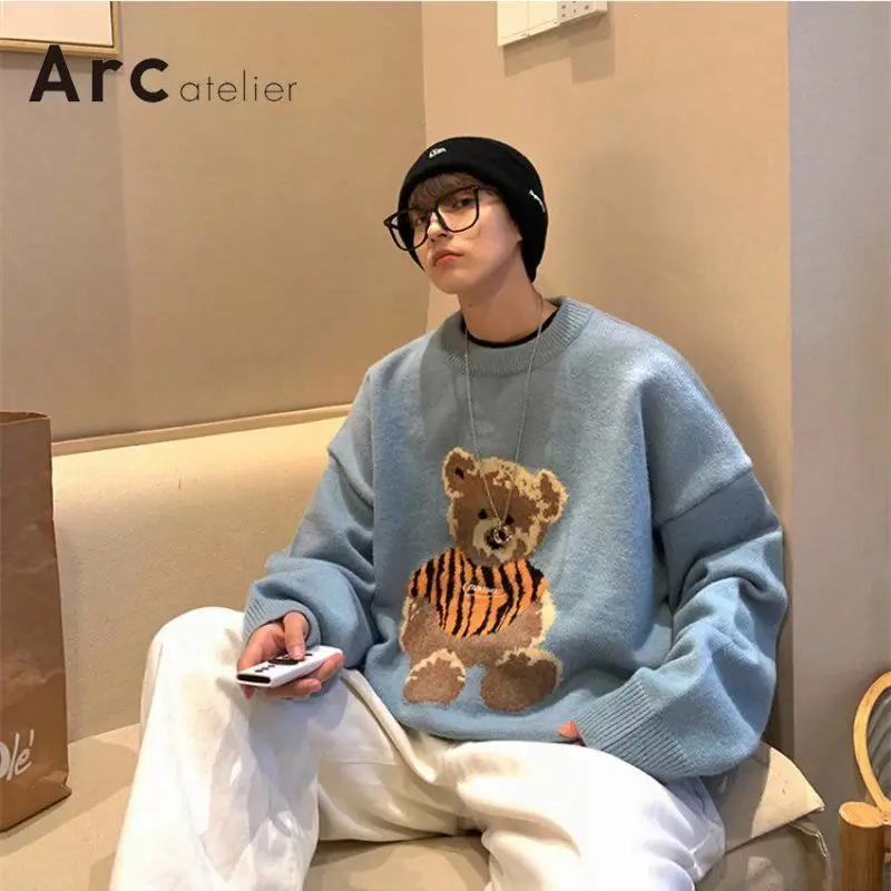 Harajuku Cute Zebra Shirt Bear Embroidery Sweater Loose Baggy Men Warm Winter Jumper Tops Casual Streetwear 3 Colors Pullover