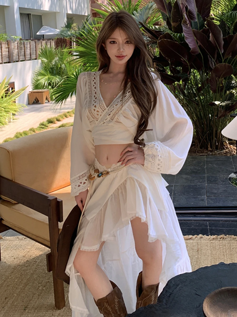 Elegant Sexy Embroidered Lace Patchwork Cross Slim Fit Shirt Top Asymmetrical Hem Half Skirt Set Women's Fashion Summer Outfit
