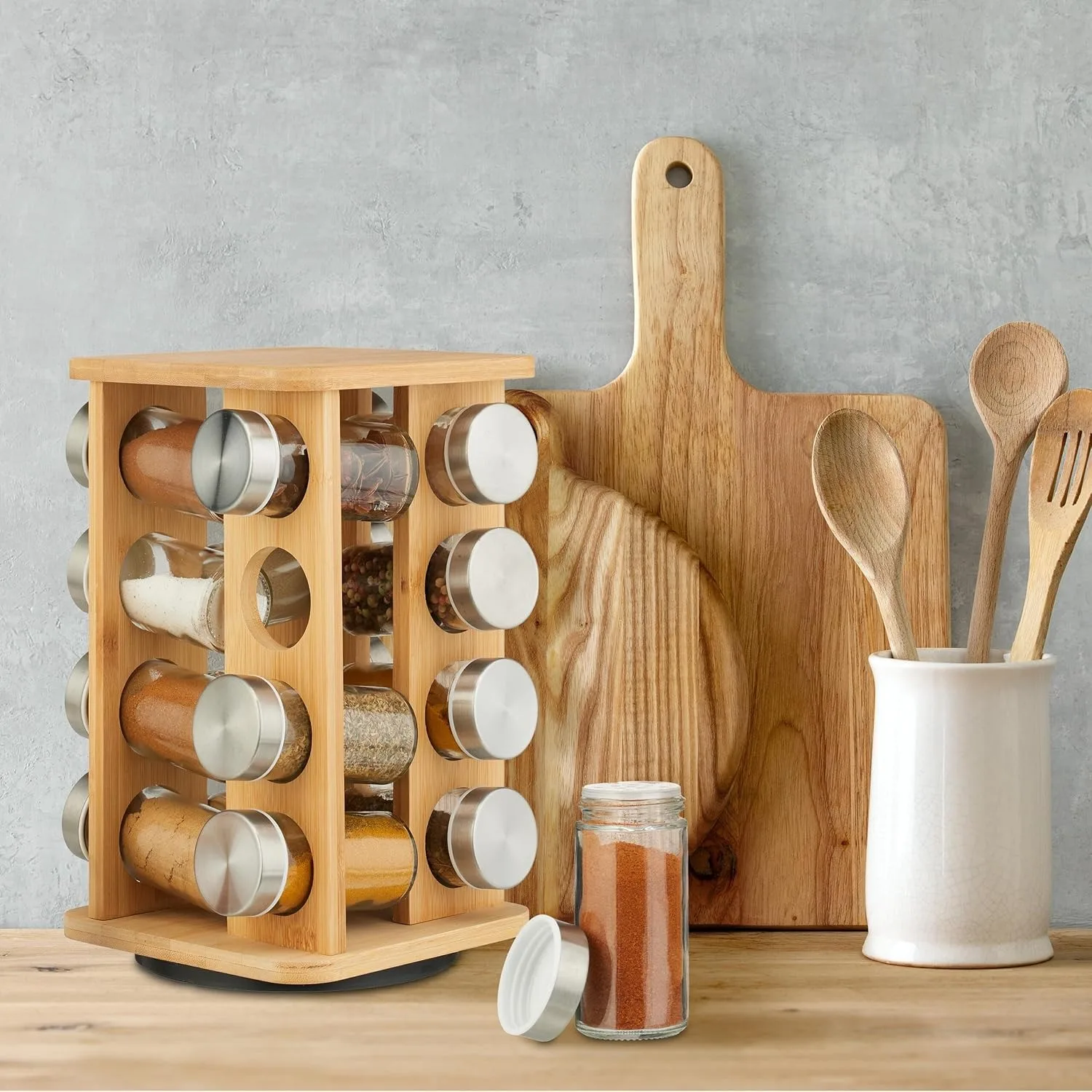 New Bamboo Multifunctional Spice Rack with Rotatable Design Multiple Compartments Standing Type  Bamboo Rotating Spice Rack