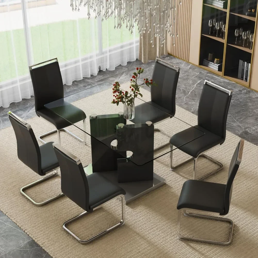 Glass Dining Table Sets, Modern Design MDF Base with 6 PU Leather Ergonomic Dining Chairs, 7 Piece Dining Table Set