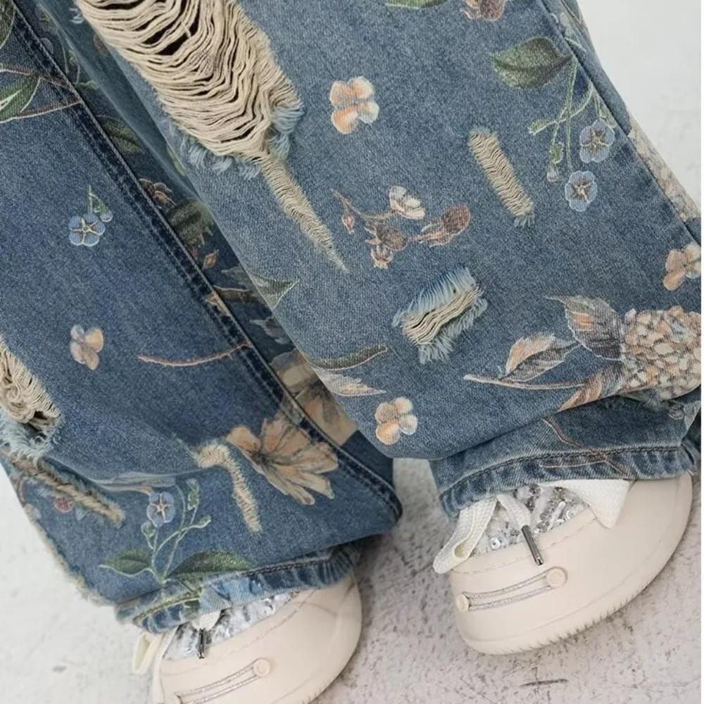 Grunge Floral Jeans Women Y2K Ripped Baggy Broken Hollow Pants Streetwear Loose Flower Cowboy Pants Unisex