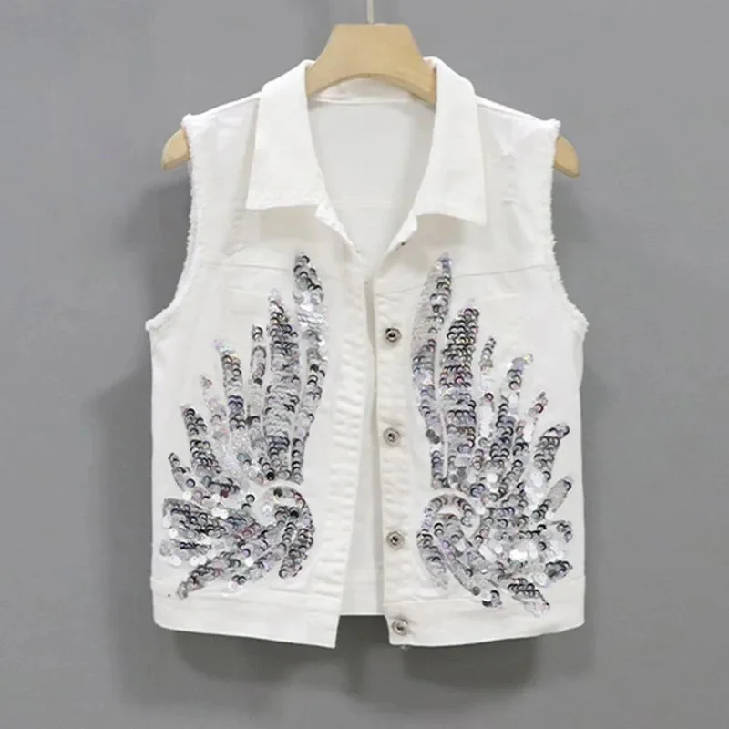Korean Fashion Denim Vest Women Coat 2025 Spring/Summer New Sequins Phoenix Flower Outerwear Sleeveless Short Jacket Female Tops