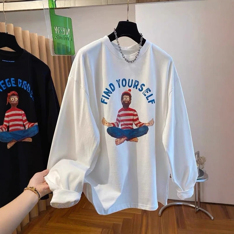 Extra Large 300 Pounds Long Sleeve T-Shirt Unisex Spring Autumn Lazy Style Pure Cotton Base Shirt Cartoon Print Top
