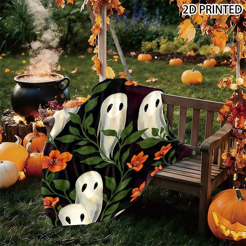 Halloween - Themed Whimsical Ghost Print Throw Blanket, Black Background with Spooky White Ghosts, Green Vines & Bright Orange F