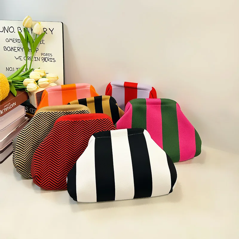 Sac à main d'été pour femme, pochette de plage en tricot et crochet, style bouffant, froncé, motif nuage, colorblock, décontracté et mignon