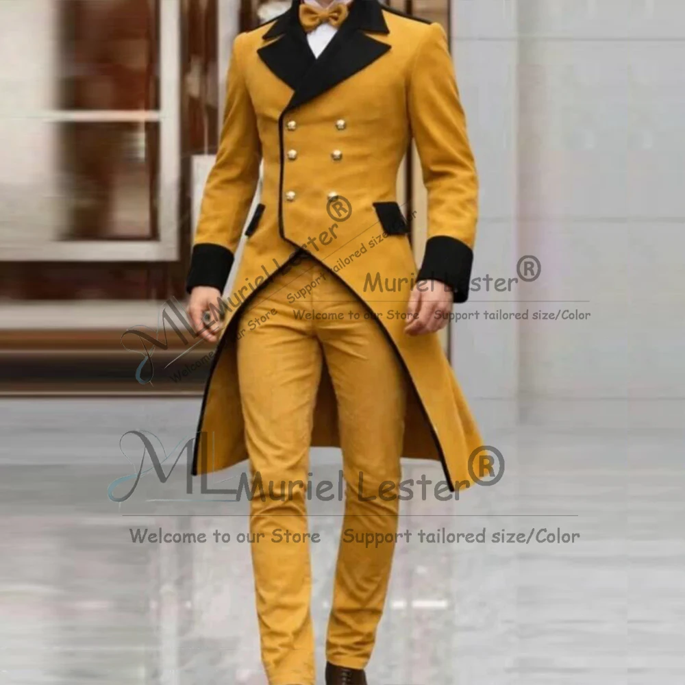 Unique Suits Men 2 Pieces Sets Double Breasted Jacket Pants Slim Fit Black Peaked Label Prom Blazers Long Customized Ropa Hombre