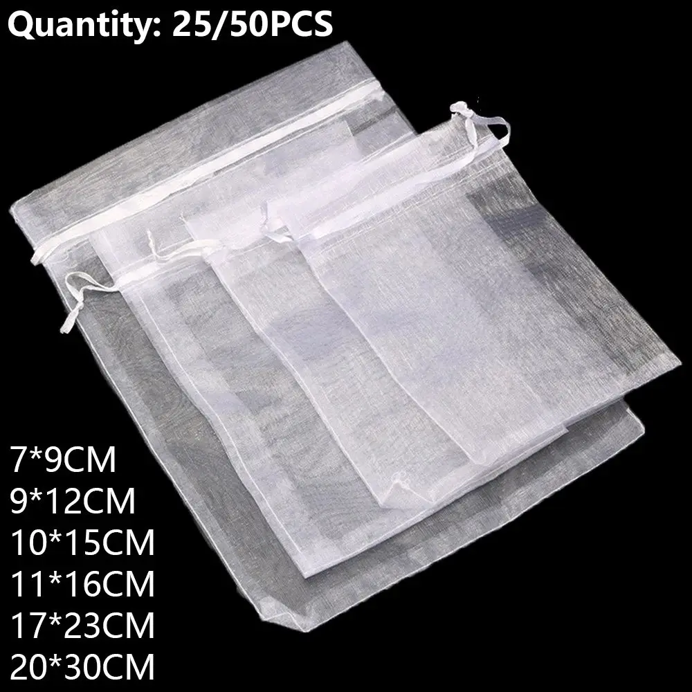 25/50PCS Drawable Party Supply Christmas Favor Jewelry Packing White Pouches Drawstring Pocket Organza Gauze Sachet Gift Bags