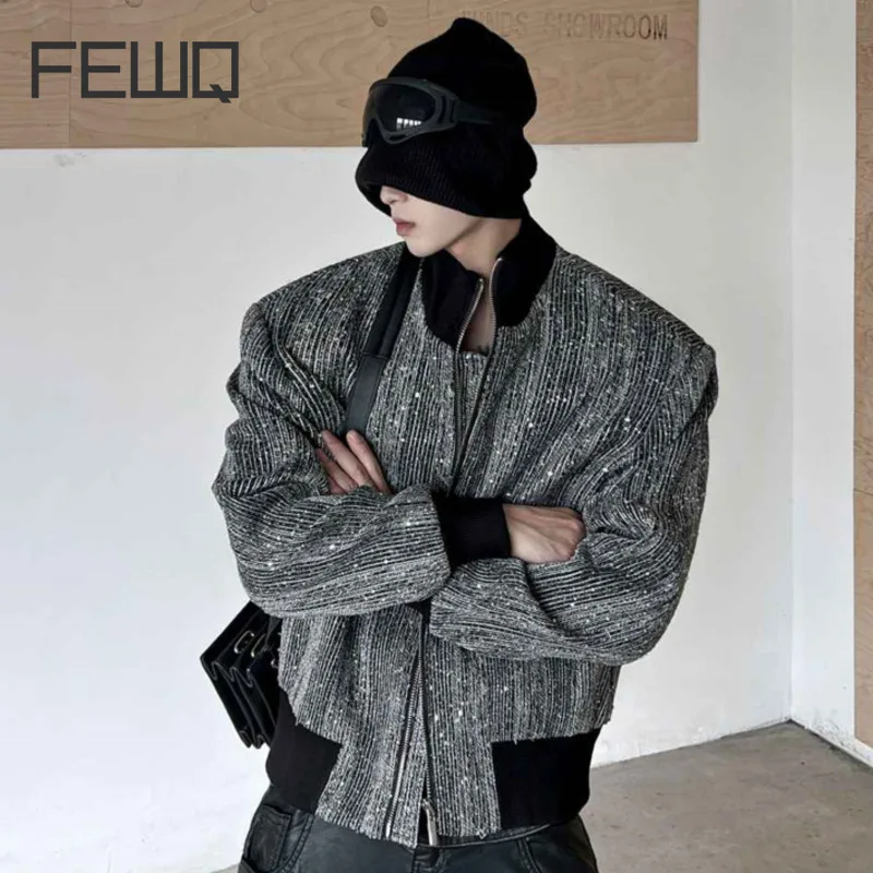 FEWQ High Street Men's Jacket Sequins Design Stand Collar Zipper Patchwork Cotton Thickened Casual Male Coats New Winter 24E5817