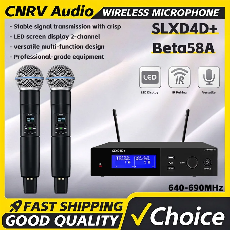 CNRV SLXD4D+ BETA58A UHF Wireless Microphone, 2 Channel Multi-functional 640-690MHz Professional Handheld Mic System for Stage