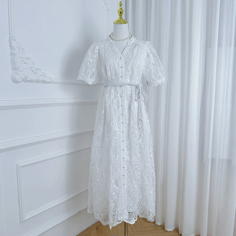 Luxury Formal Evening Long Dress Women Summer Short Sleeve Crochet Lace Embroidery Single Breasted Belt Prom Dresses Vestidos