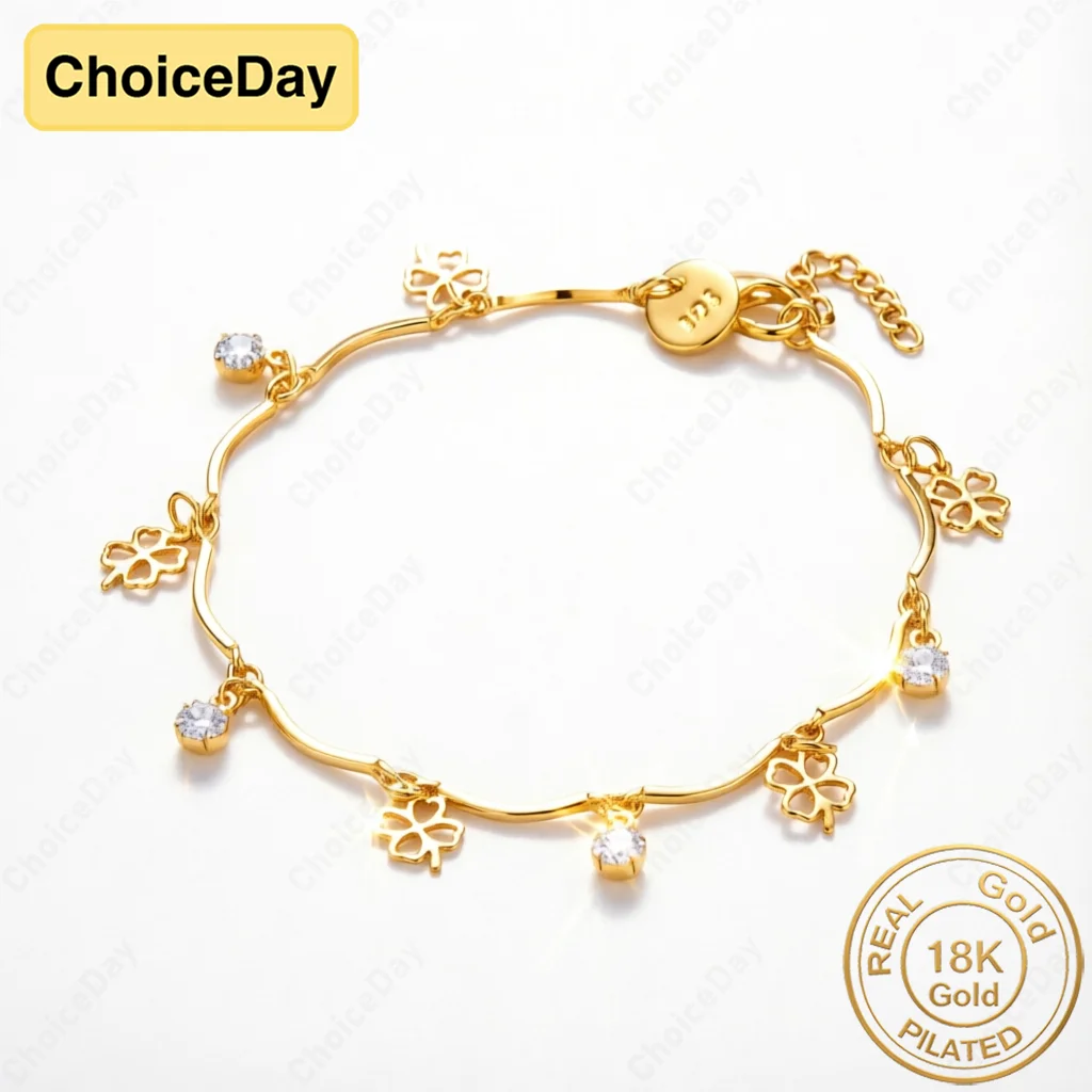 18K Gold Plated Lucky Four-Leaf Clover Zirconia Bracelet for Women - Fashion Accessories & Party Gifts