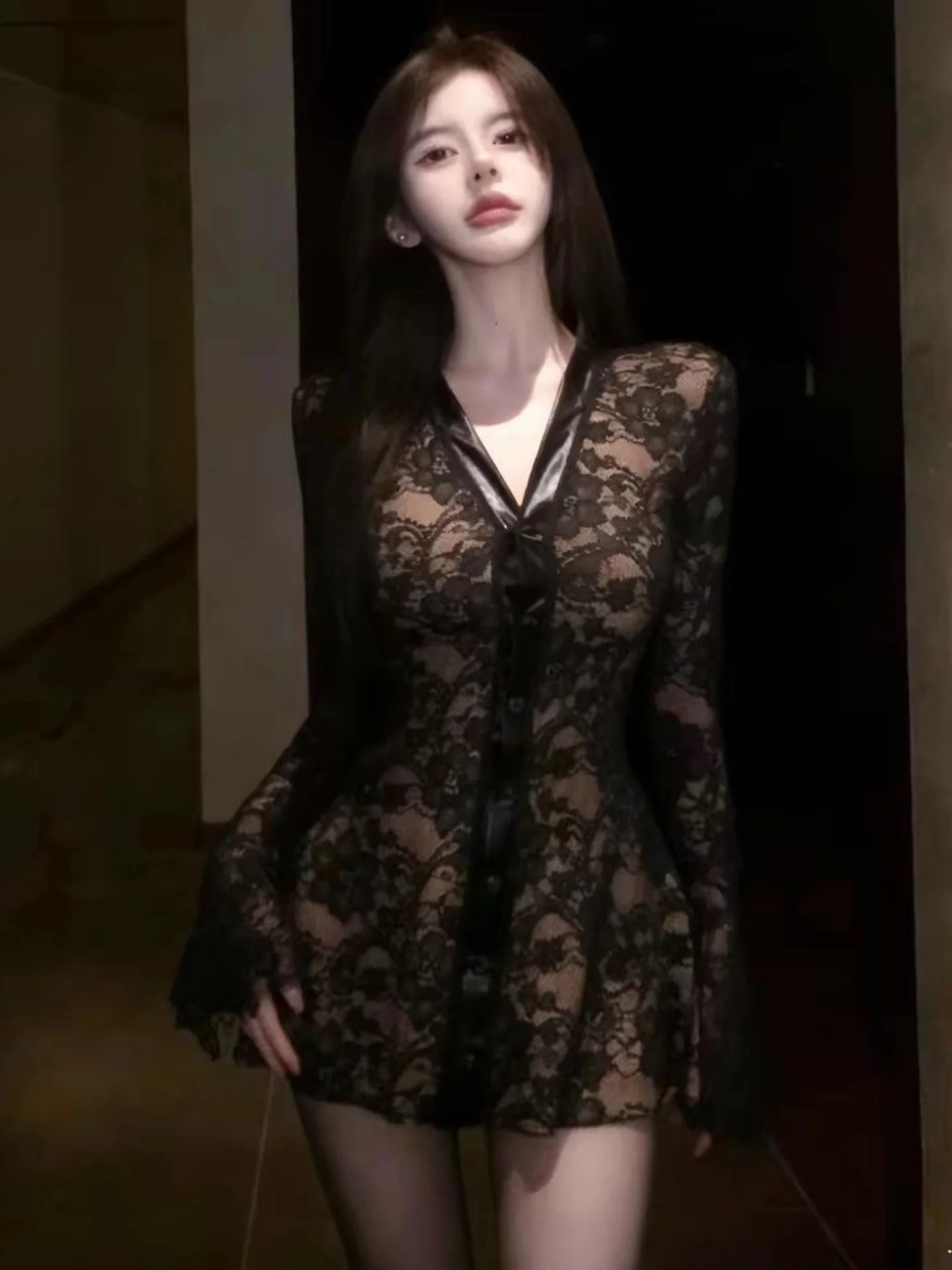 Pure Desire Style Long Sleeve V-Neck Dress Women's Autumn Winter New Black Lace Slim Fit Waist A-Line Short Skirt Dress