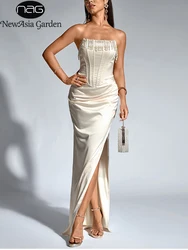NewAsia Women's Strapless Beaded Long Corset Dress Off Shoulder Fishboned Side Slit Elegant Party Club Maxi Dresses Beige
