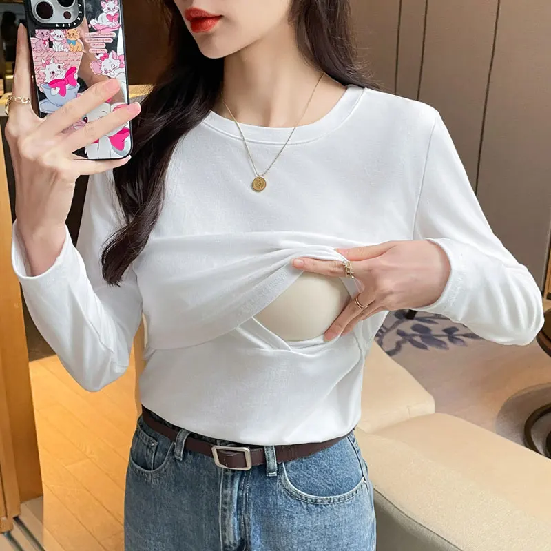Autumn/Winter Solid Nursing Clothes Pure Cotton Breastfeeding T-Shirt for Postpartum Versatile Maternity Nursing Base Layer Tees