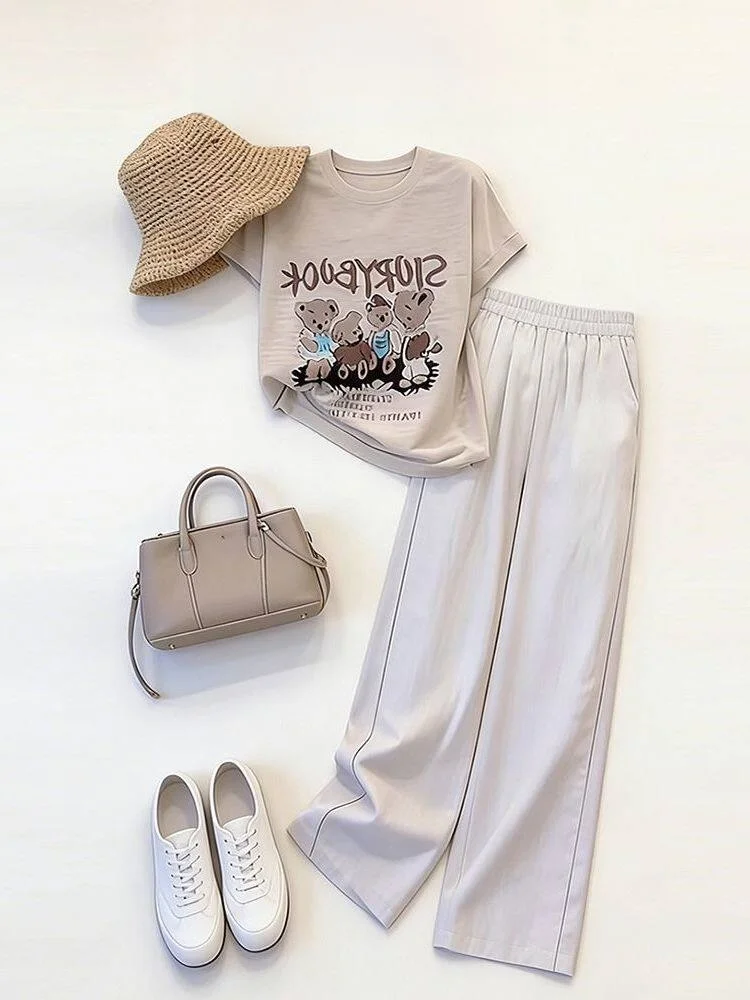 

Casual Sportswear Set 2026 New Fashion Personality Print Short Sleeve Polyester Wide Leg Pants Two Piece Set Women's T-Shirt