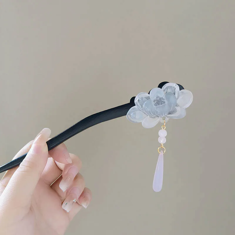กิ๊บติดผมทรงโบราณแบบสองด้านประดับพู่ดอกบัวสำหรับผู้หญิง, กิ๊บติดผมไม้สไตล์จีนใหม่ระดับไฮเอนด์, กิ๊บติดผมแบบสั่น, กิ๊บติดผมคุณภาพสูง