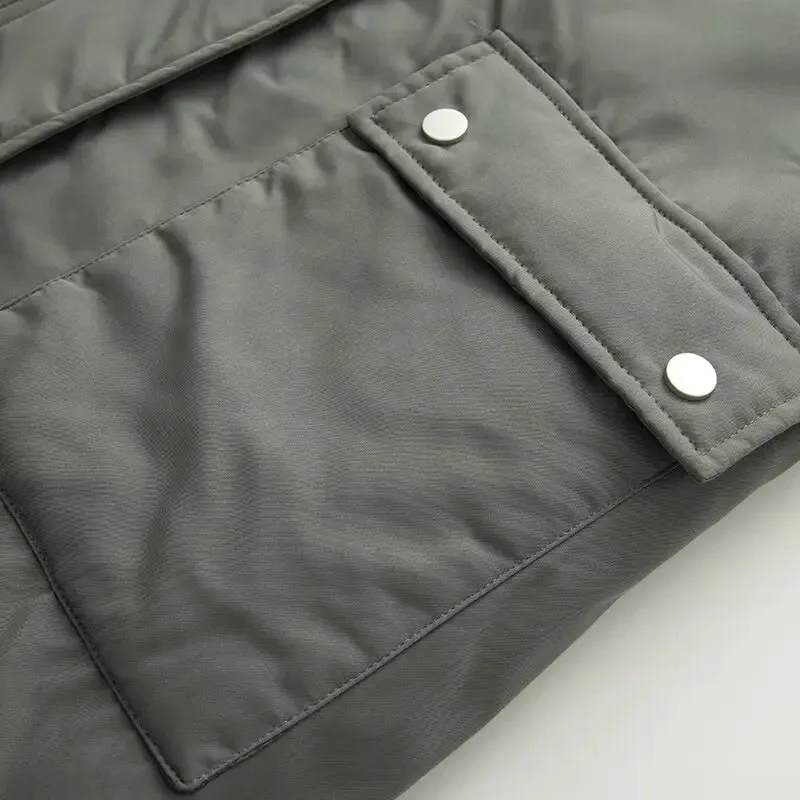 HH Women Winter Fashion Solid Plush Hooded Thickened Parker Cotton Coat Female High Street Casual Warm Zipper Pocket Jacket