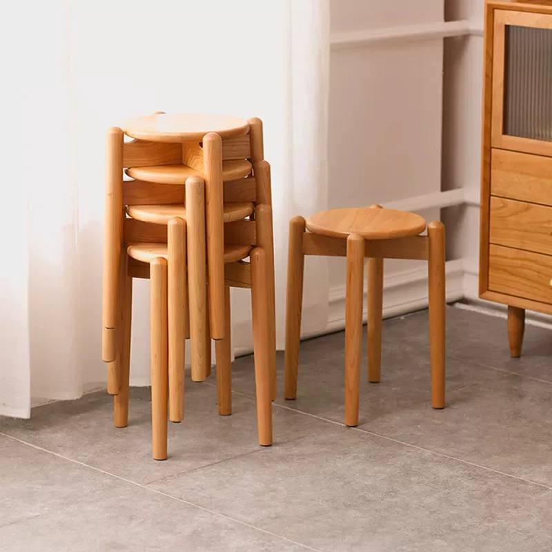 Solid wood cherry wood stackable restaurant round stool, home Nordic simple makeup stool