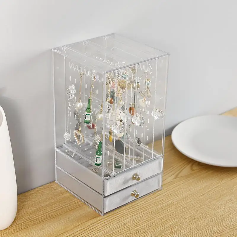 Boîte de rangement de bijoux et boucles d'oreilles en acrylique, support organisateur Transparent en dentelle, porte-cosmétiques anti-poussière, Solution de rangement à domicile