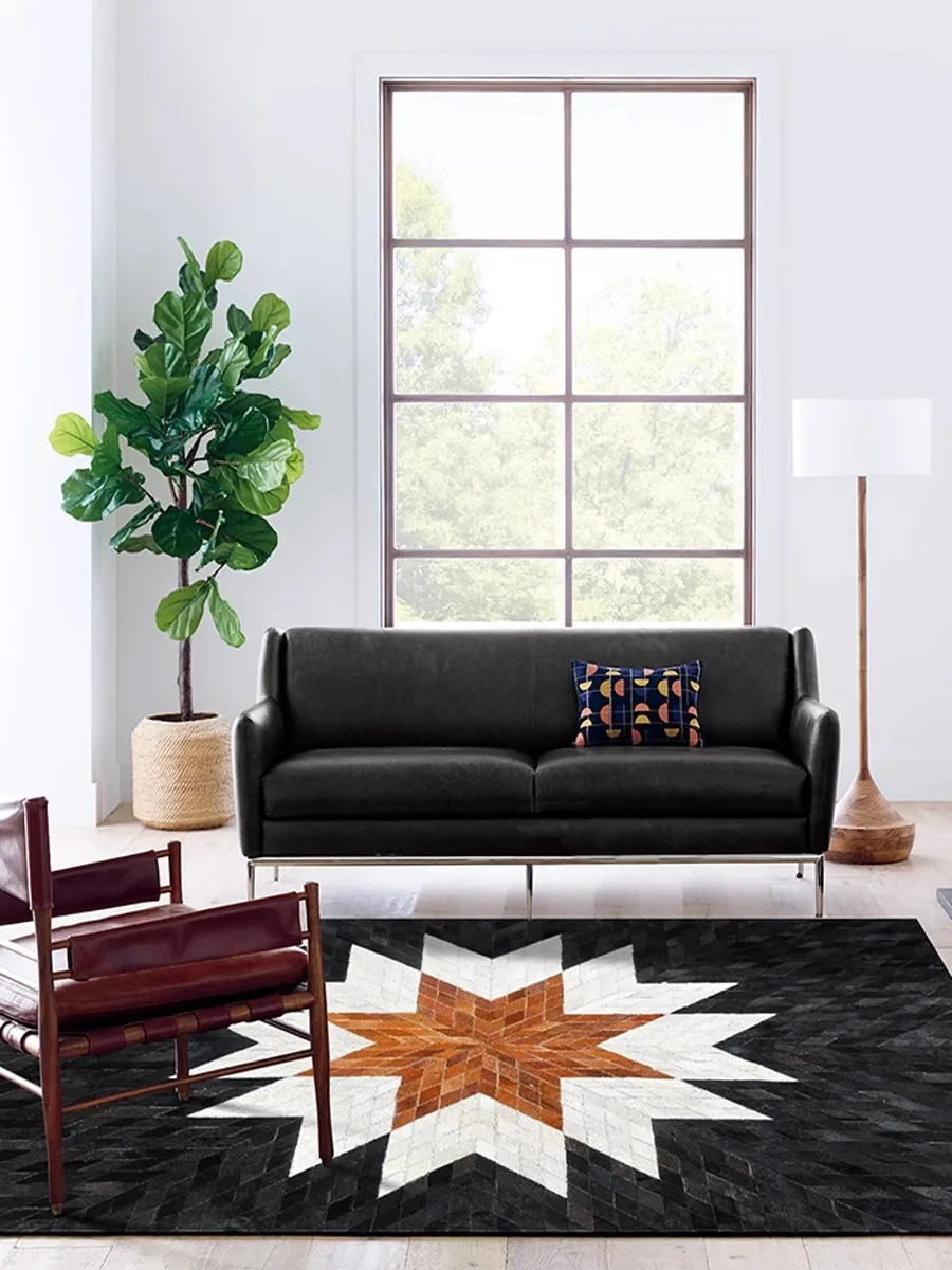 Minimalism Light Luxury Living Room Carpet Handmade Real Cowhide Home Floor Mat Decor Modern Black Bedroom Rugs Carpet