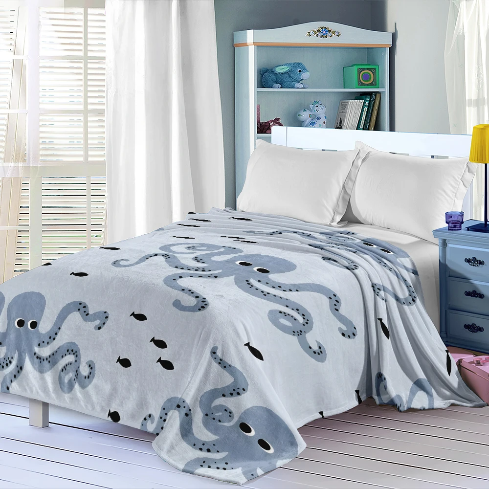 Blue Octopus Black Fish Cozy Flannel Fleece Blanket Lightweight Plush Throw Blanket for Sofa Bed Travel Camping Warm Blanket