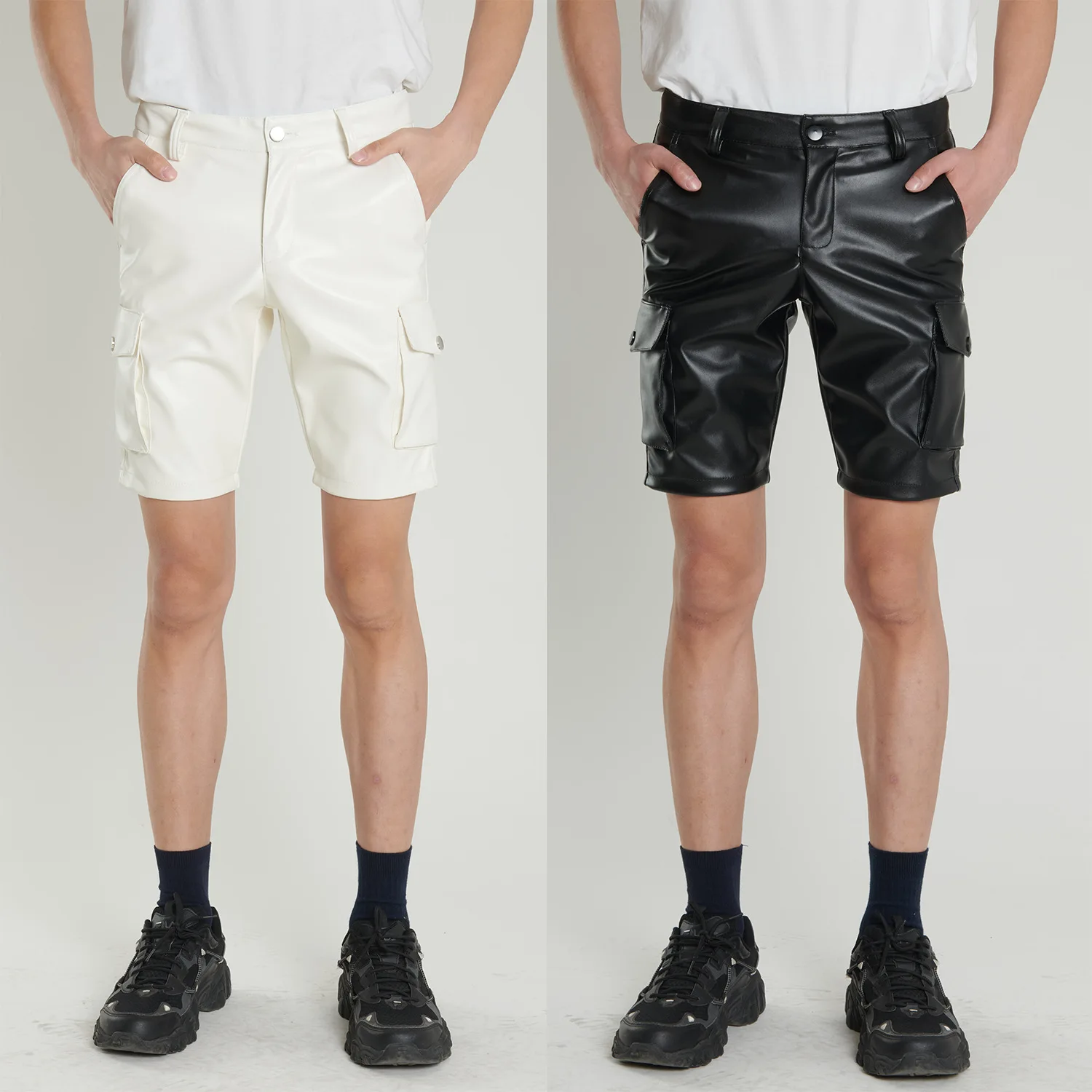 cross-border leather pants men's stretch white black leather pants men's fashion shorts five pants