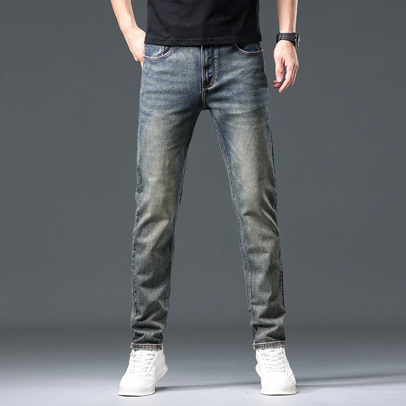 

New retro jeans men's straight leg slim fit washed trendy brand nostalgic trend distressed pants men clothing streetwear men