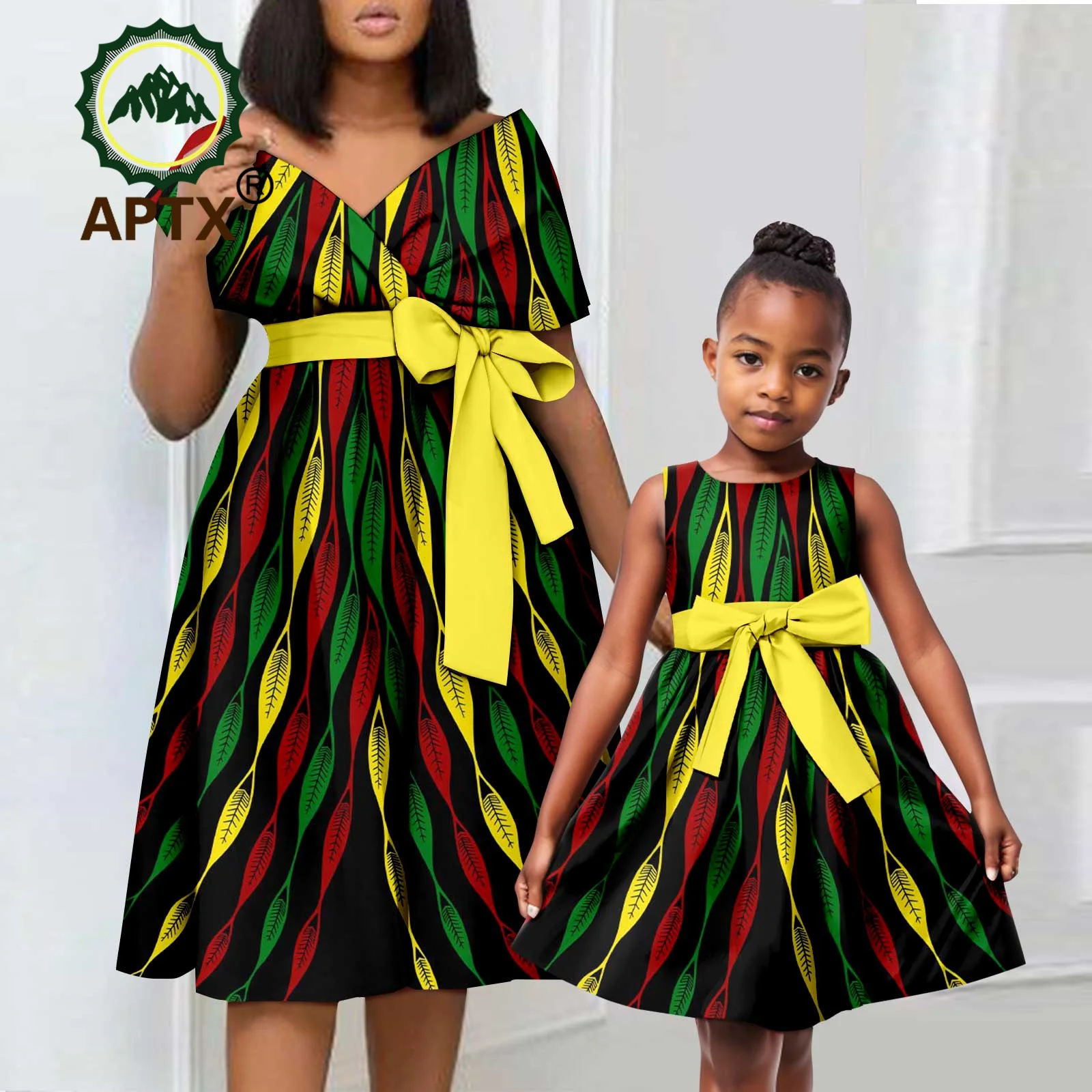 

African Mom and Daughter Print Dress with Belt Ankara Family Clothes Matching Outfits Set Dashiki Family Attire F234007