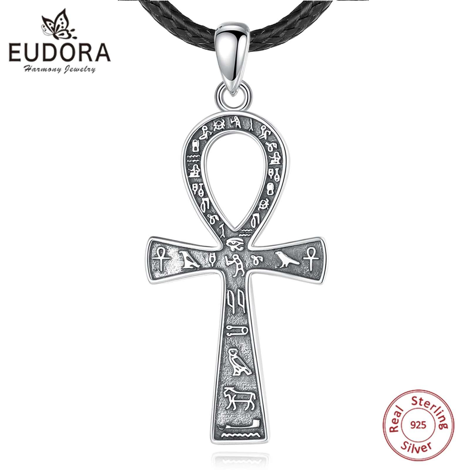 Eudora 925 Sterling Silver Ancient Egyptian Ankh Cross Necklace for Women Man Fine Biker Amulet Pendant Personality Jewelry Gift