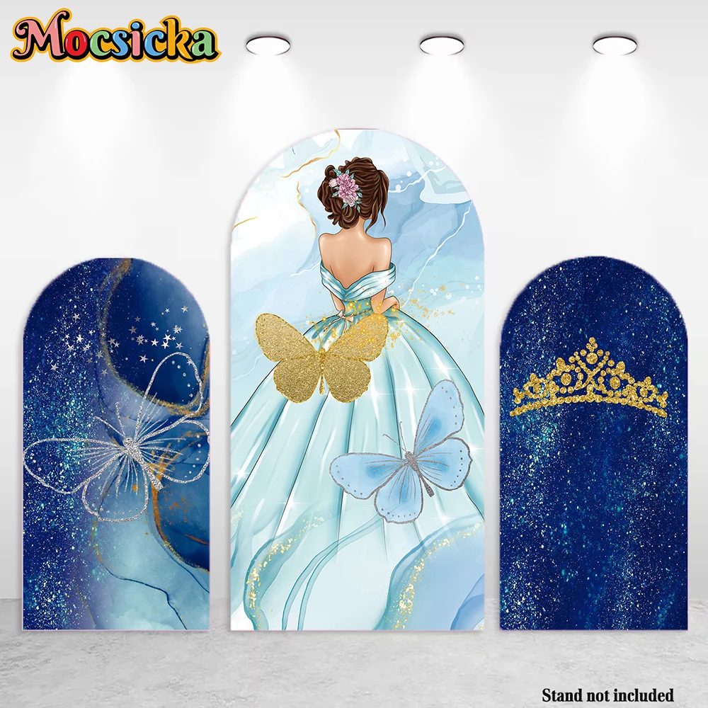 Mocsicka Girl Birthday Party Arch Background Glitter Blue Quinceanera Princess Dress Butterfly Crown Backdrop Bridal Show Photo
