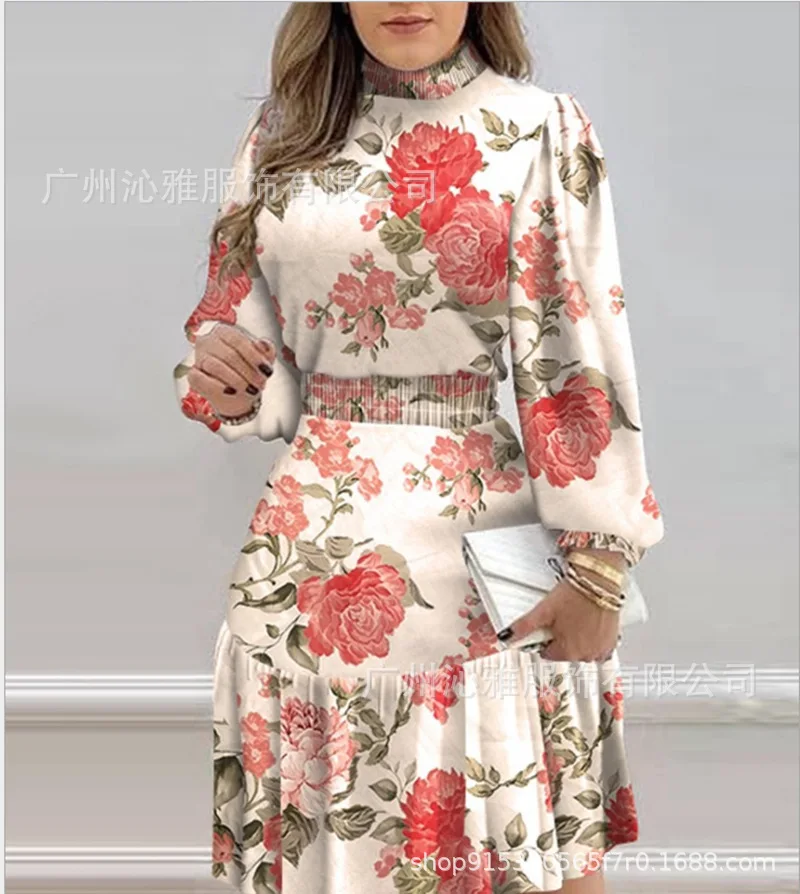 Abito longuette floreale da donna alla moda, manica lunga a lanterna, vita smockata, orlo con volant, ideale per occasioni casual