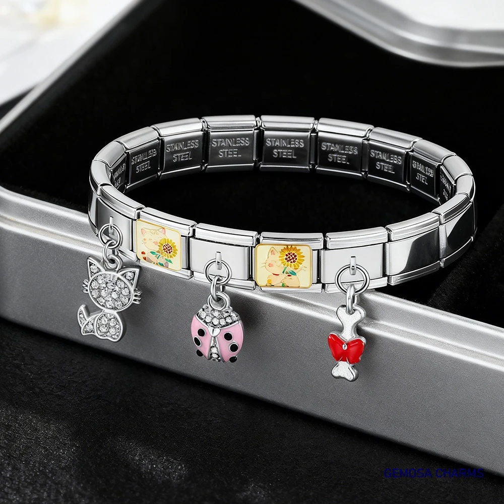GEMOSA Silber Farbe Katze Delphin Welpen Käfer Eule Italienischer Charm Link passend für 9mm Edelstahl Herstellung Armband DIY Schmuck Anhänger – Detail 4
