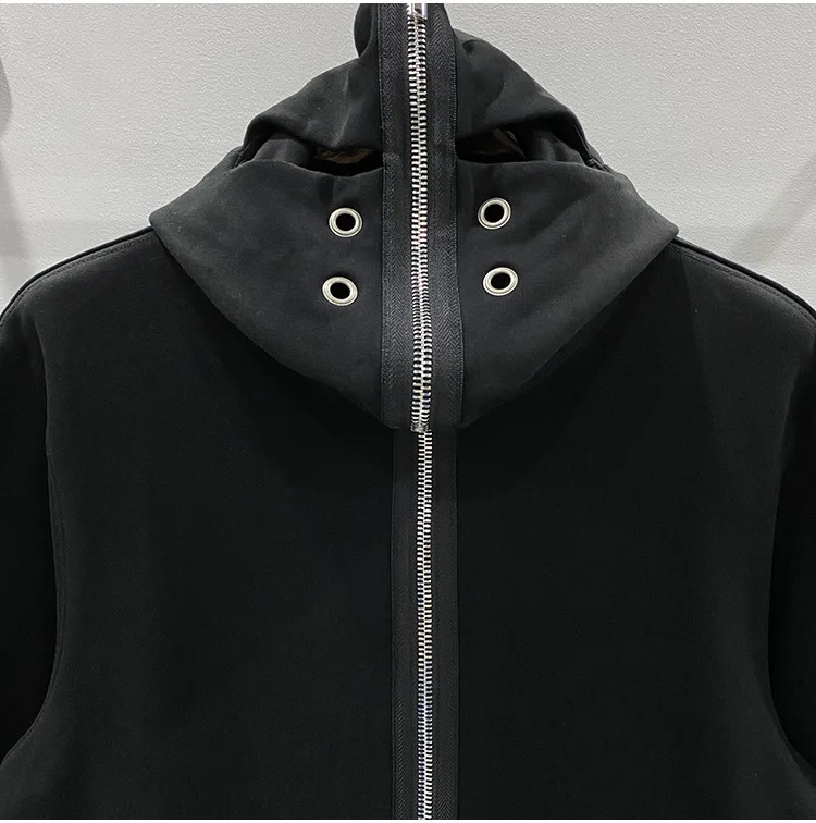 2023 R0 Men Full Zip Long Zipper Sweater for Men\'s casual Trend Masked Metal Hole Hoodie Zipper Jacket