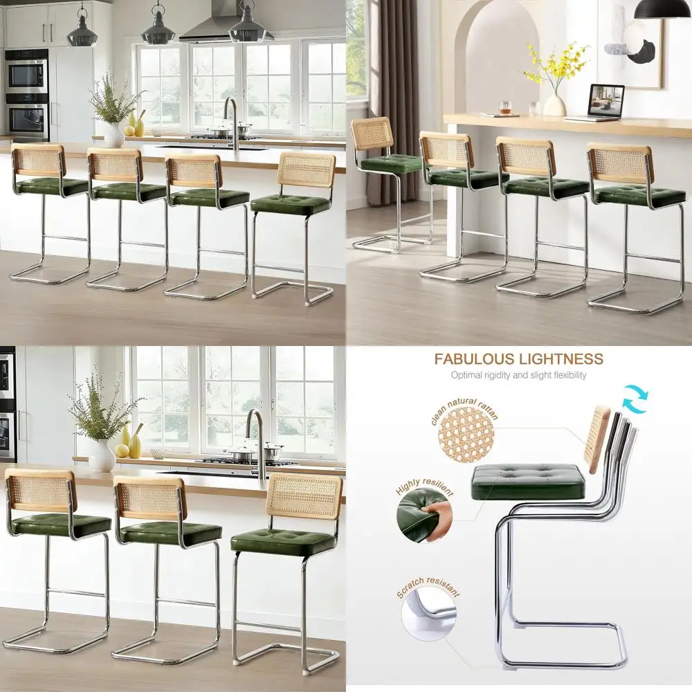 

Набор из 4 барных стульев из ротанга, высота 26 дюймов, спинки из массива дерева, сиденья из зеленой искусственной кожи, подходят для барной стойки или кухонного острова