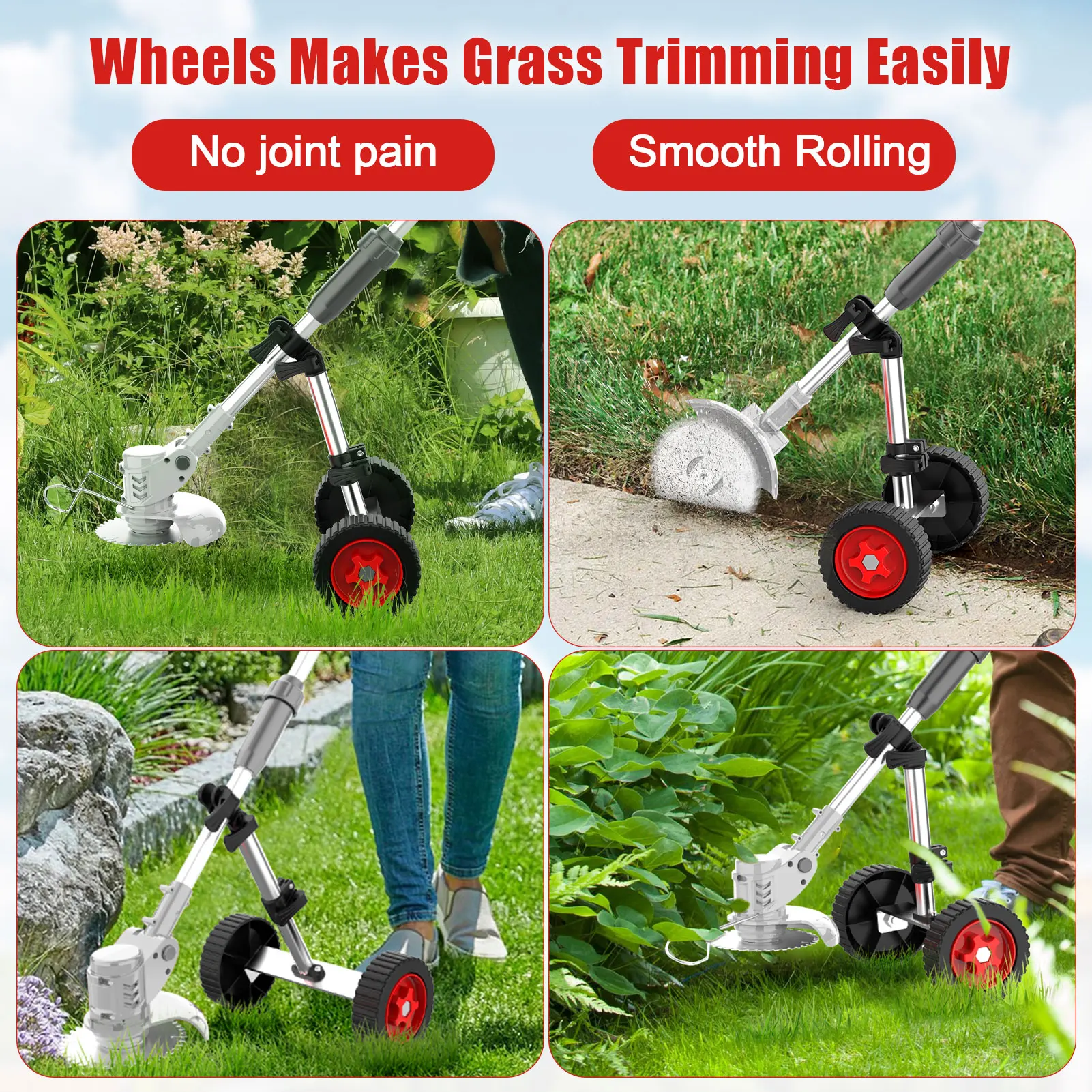 Universal Metal Wheels for String Trimmer Grass Eater Weed wacker Adjustable Height and Angle for tube 26mm(1 inch) 30mm(1.2”)