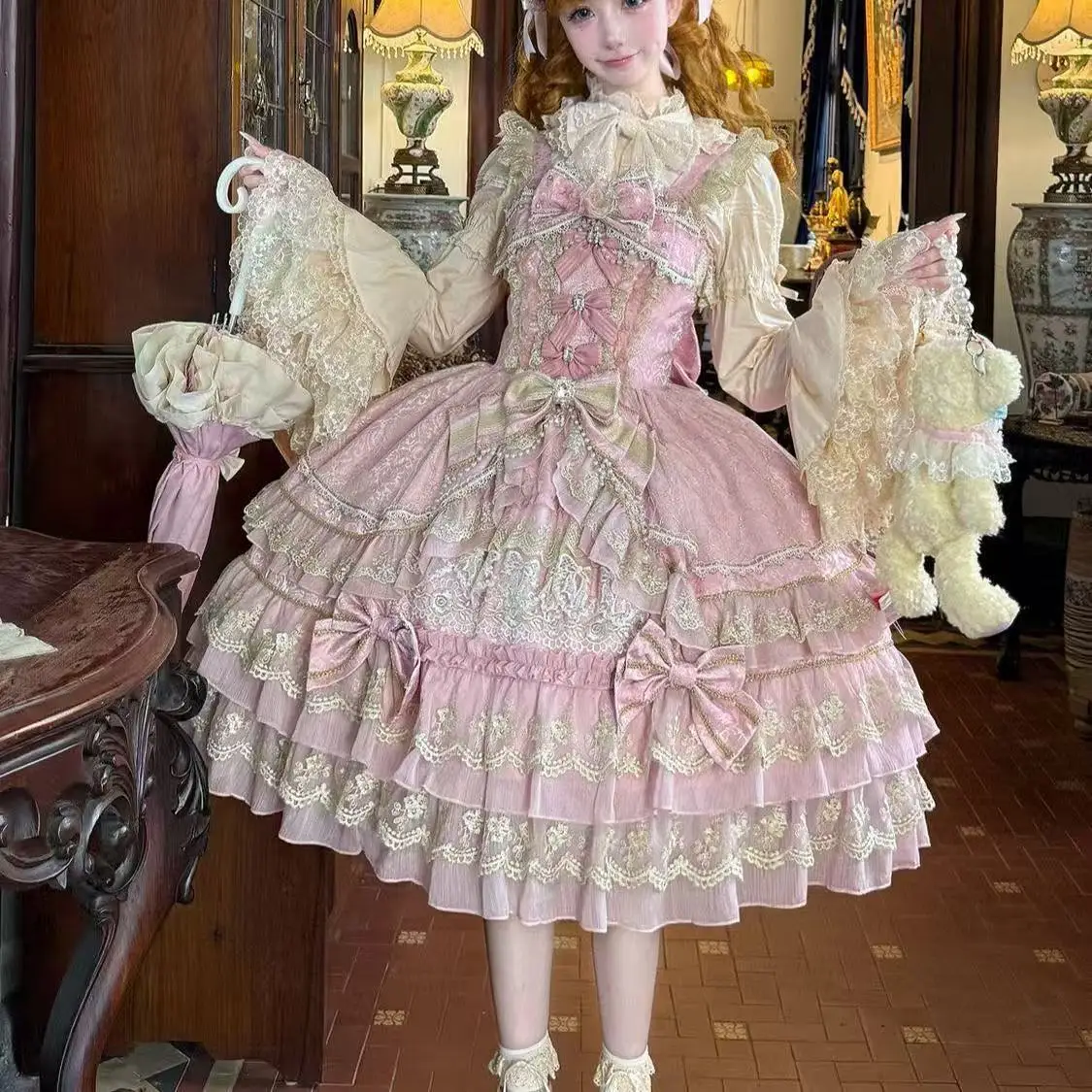 

Vintage Palace Style Lolita Women's Pink Doll JSk Halloween Event Princess Cosplay Costume Girls Birthday Sling Dress Lolita